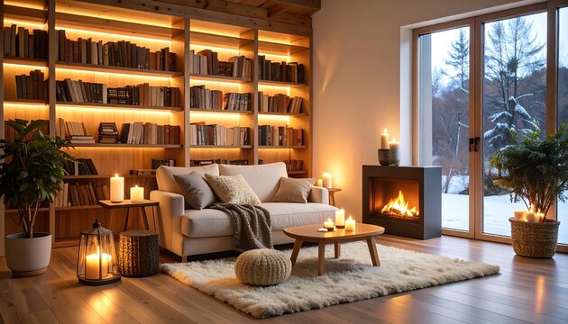 Cozy home library with fireplace and winter view