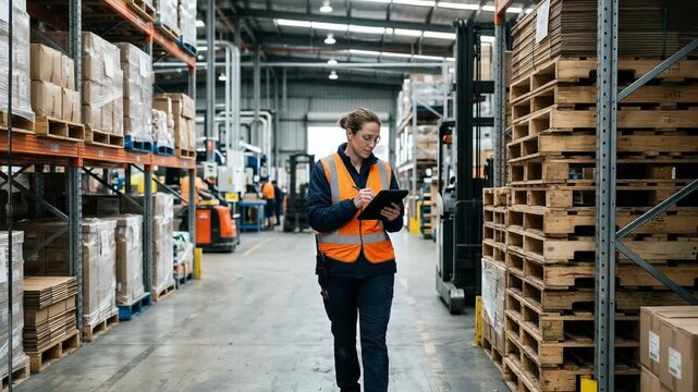Medium shot of insurance agent inspecting a warehouse aisle highlighting stacked pallets with blurred background of industrial equipment for safety risk assessment.