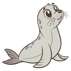 Fototapeta premium Adorable cartoon seal pup smiling and looking up illustration with illustration friendly whiskers wildlife character