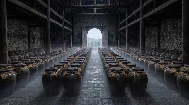 Fermented miso crocks in vast warehouse at dawn, mist rolling across stone floor toward open door