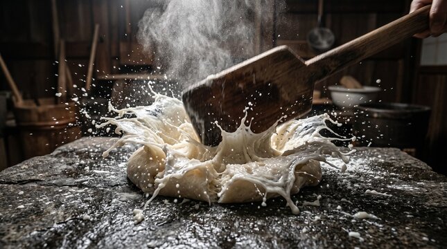 Mochi pounded mid-impact on dark stone, elastic surface caught in arrested explosion under spotlight