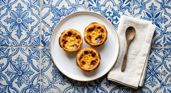 Portuguese egg tarts on a traditional tile background. Generative AI.