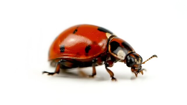 Close-up photograph of a vibrant red ladybug with black spots crawling on a white surface