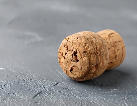 Close-up of a textured cork, lying on its side. Soft focus on a gray, mottled surface, with natural light and a shallow depth of field