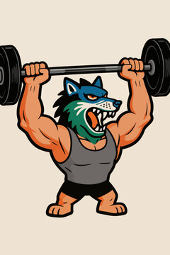 Muscular anthropomorphic wolf lifting barbell in gym workout