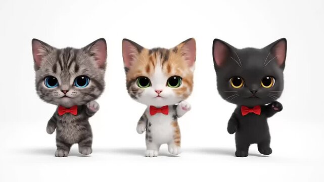 Three adorable cartoon kittens wearing bowties, waving hello, with playful expressions and large, expressive eyes, set against a clean white background