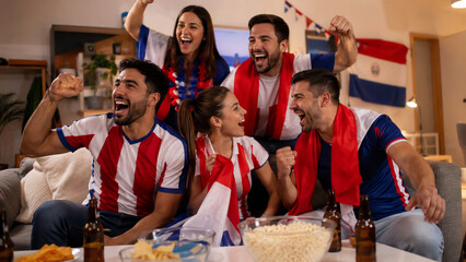 Obraz premium Grupo de hinchas paraguayos felices celebrando fútbol
