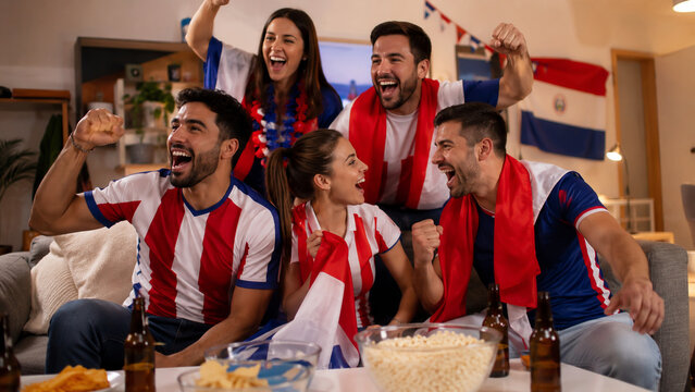 Grupo de hinchas paraguayos felices celebrando f&uacute;tbol