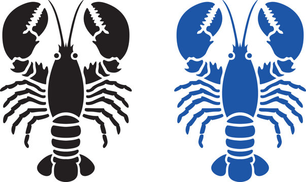 Lobster silhouette vector illustration set in black and red colors, isolated on white background. Nautical marine seafood logo design elements