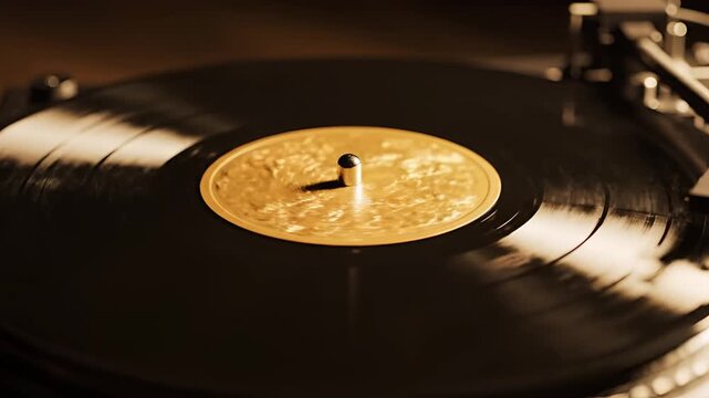 Closeup of a spinning vinyl record on a turntable.