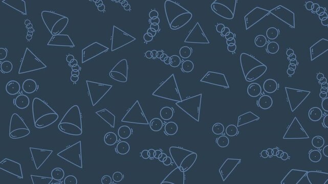 Repeating patterns of geometric shapes like triangles, circles, and cones on a dark blue background. Suitable for abstract art designs.