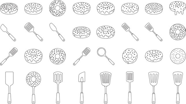 Line of donuts and kitchen utensils in a grid pattern line donuts black and white cooking tools