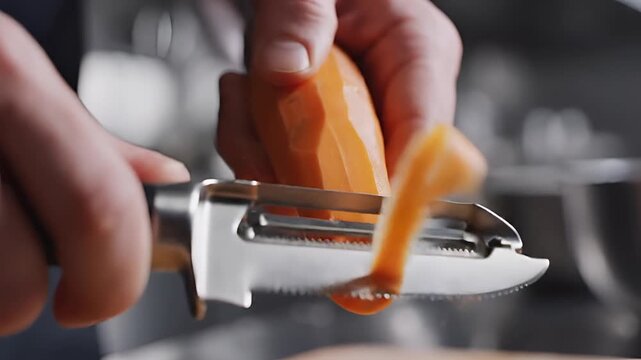 Closeup of hands peeling a fresh carrot with a peeler 1.
