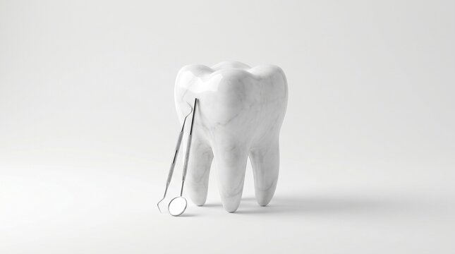 A large white tooth with a dental mirror reflecting on its surface, isolated on a white background