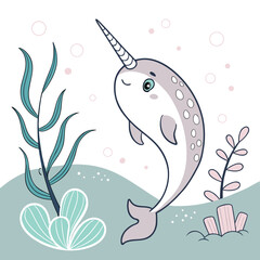 Cute narwhal swimming underwater with bubbles and coral reef background marine life ocean world sea animal swimming © Jahid