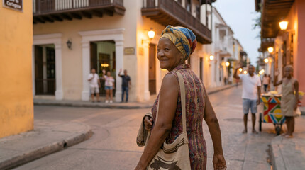 Fototapeta premium Smiling woman walks down colorful street at dusk