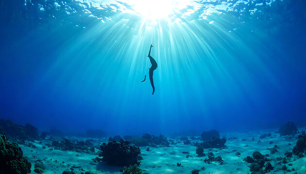 Silhouette of a diver falling into deep blue ocean water, sun rays shining through surface, seabed with corals below