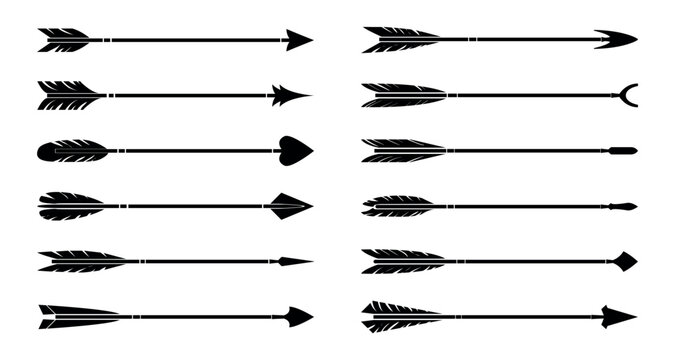 Vector set of 12 black arrows with various feather and tip designs on a white background.