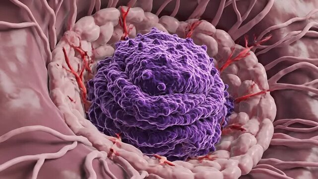 Microscopic view of cancer cells attacking red blood cells in the bloodstream.
