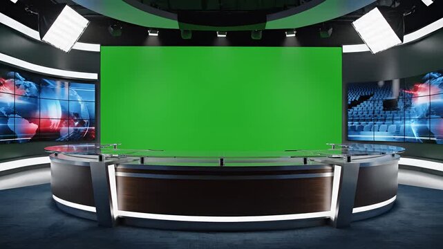 Modern Green Screen News Studio With Futuristic Backgrounds.