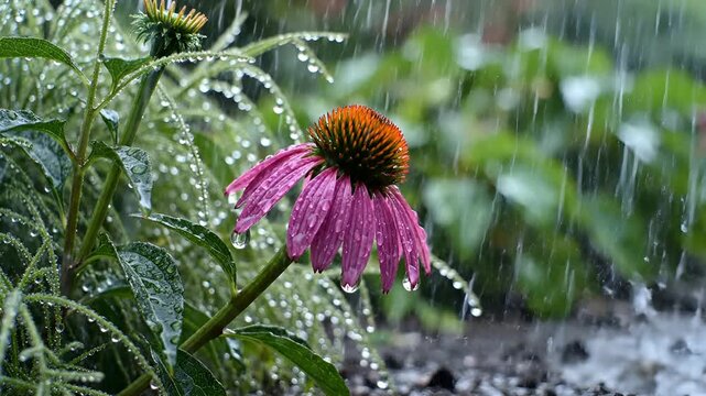 Purple coneflower blooming in the rain with water droplets on petals.