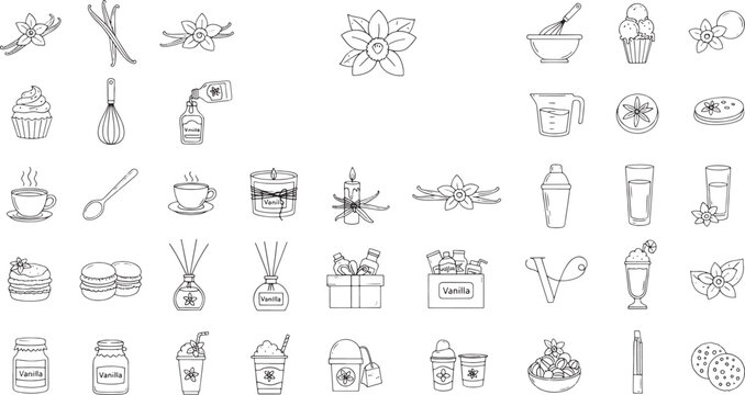 Black and white sketched of vanilla beans, flowers, desserts, and beverages sketched vanilla beans cupcakes