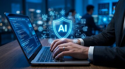 Fototapeta premium Businessman working on laptop with ai shield and coding interface on screen in modern office