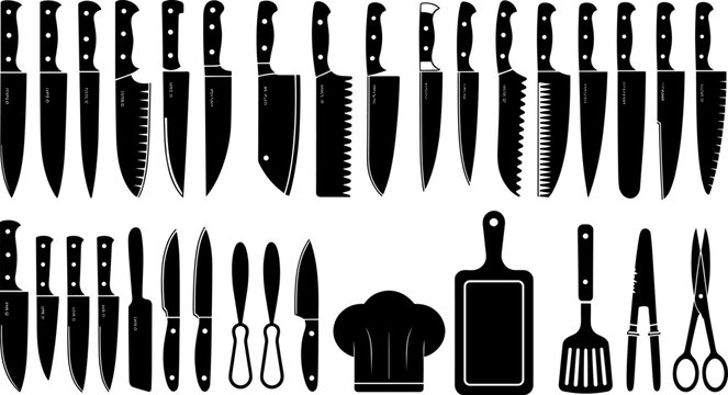 Black Kitchen Knife and Cooking Utensil Silhouette Vector Set with Chef Hat Cutting Board and Spatula Tool Illustrations