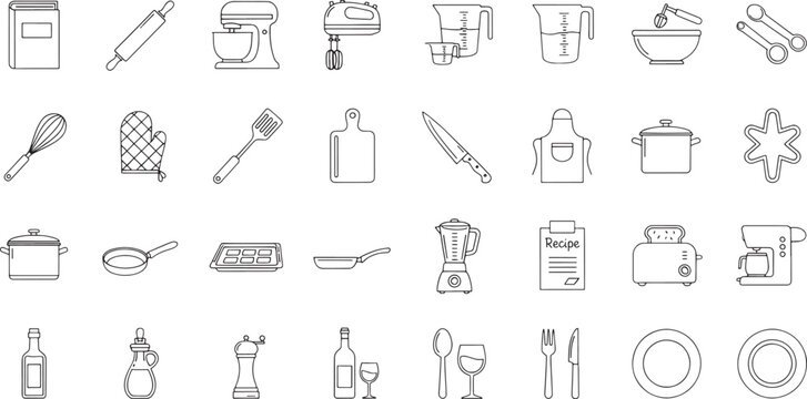 Set of black and white kitchen utensils and appliances in a grid arrangement