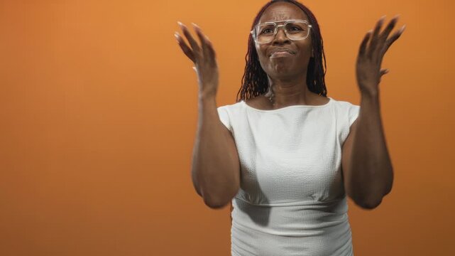 Young woman clenches fists at chest and raises arms in studio against orange backdrop; determination focus.