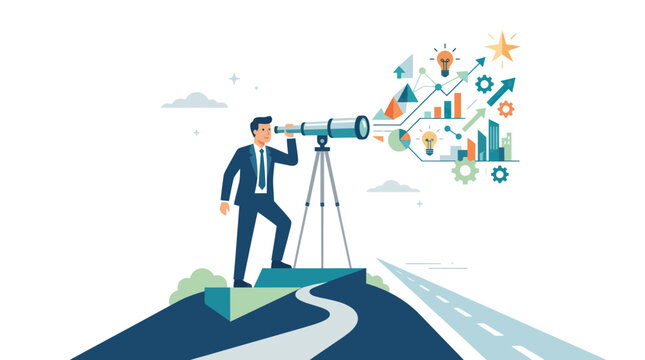 Businessman with telescope analyzing future strategic paths and goals.