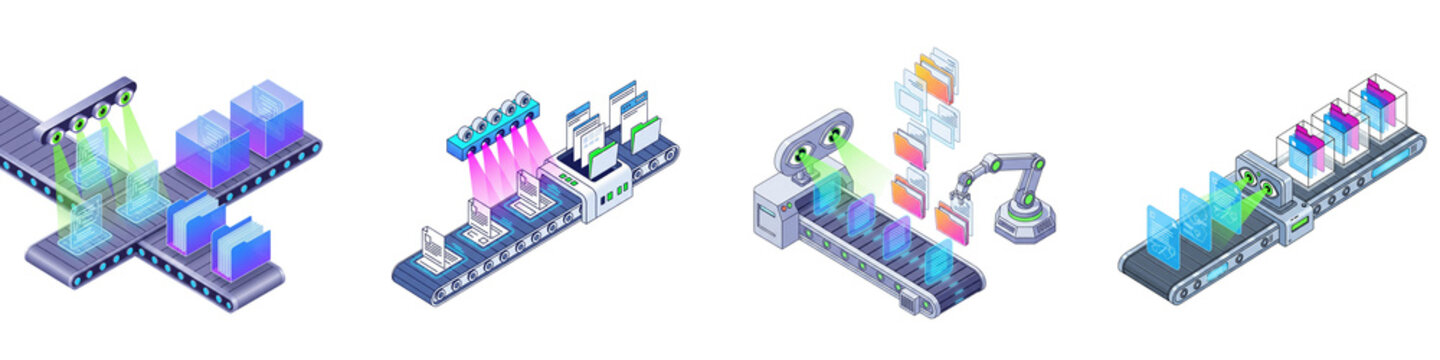 Automated digital document processing systems with scanners on conveyor belts