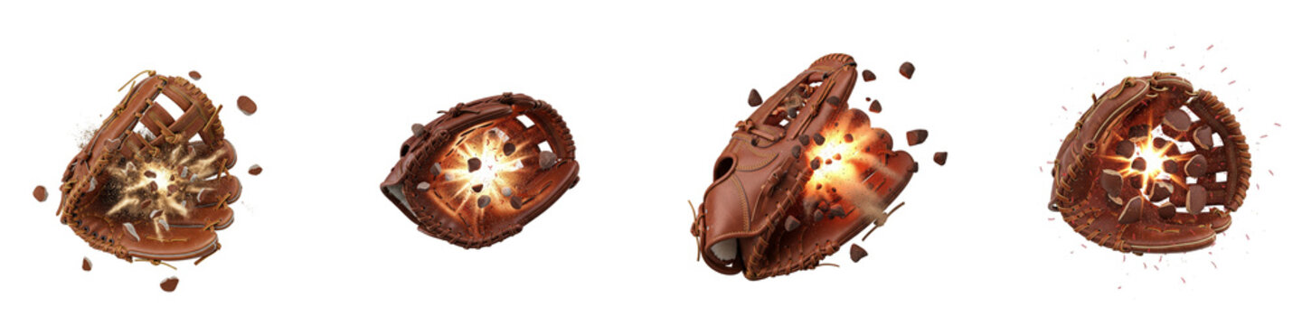 Baseball gloves exploding with light and debris on black background