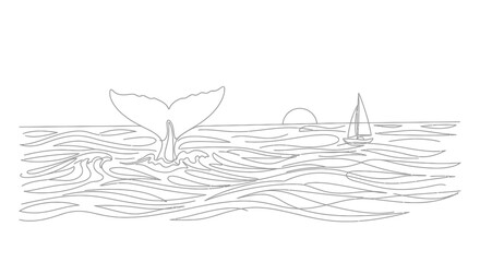 Continuous Line Drawing of Whale Tail and Sailboat at Sunset © Angka