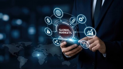 Fototapeta premium Global markets, finance, business, technology, investment, digital transformation, economy, Businessman using smartphone for international trade and corporate financial growth.