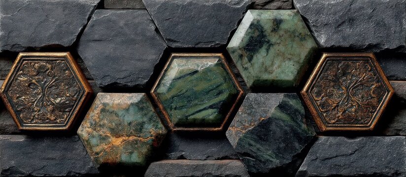 Hexagonal Stone Tiles with Ornate and Natural Textures.