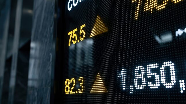 Stock market, finance, business, growth, investment, trading, economy digital display board showing rising prices and bullish uptrend with glowing LED data on professional background.
