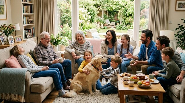 Happy Family Relatives with Pet Dog Enjoying Comfortable Daytime Gathering at Home - Family Pet