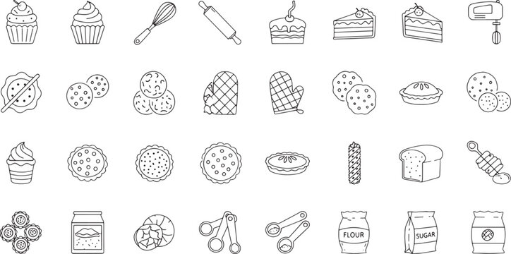 Hand drawn baking including cupcakes cookies pies bread and kitchen tools muffin slice of cake