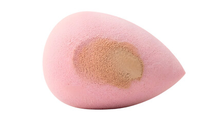 Fototapeta premium Pink beauty blender sponge with liquid foundation stain, professional makeup applicator tool, cosmetic blending sponge isolated on white background