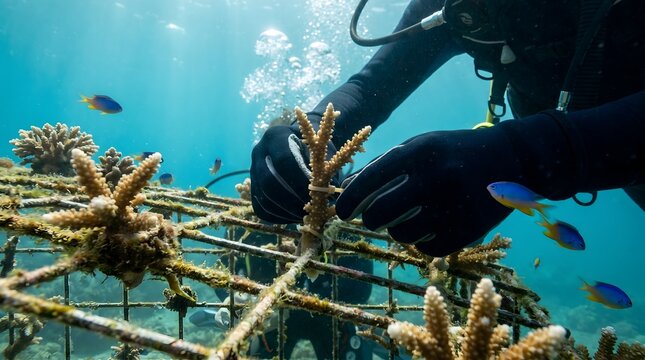 Scuba diver attaching coral fragment to underwater frame for restoration