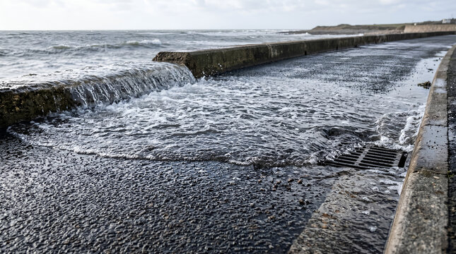 Saltwater overtopping a coastal road near a storm drain. Ideal for infrastructure risk, engineering, flood management, and resilience documents.