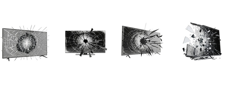 Broken television screens with cracked glass isolated on black background