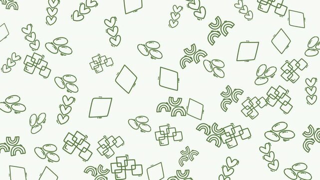Design featuring a mix of green heart, chain, diamond, leafy sprig, geometric clusters on a white background. Ideal for naturethemed designs or ecofriendly products.