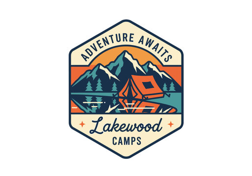 Vintage Style Adventure Camping Badge Design Featuring Mountain Landscape and Lakeside Tent Illustration for Outdoor Travel Apparel or Branding