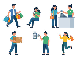 Fototapeta premium Shopping people set featuring various customers using mobile payments and carrying colorful paper bags isolated design