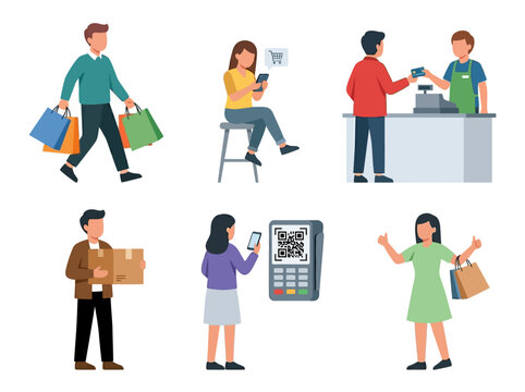 Shopping people set showing various retail activities including payment and delivery services in flat vector style