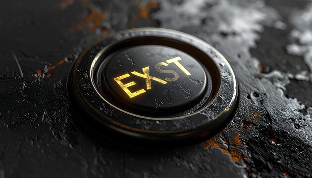Close-up of a textured, metallic button labeled "EXST" in illuminated gold. The background is a rough, dark, and uneven surface