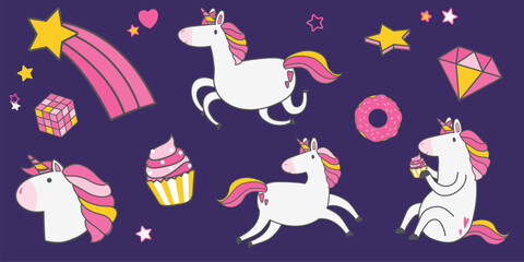 Obraz premium Vector of cute unicorns with pink manes, stars, and sweets on a purple background.