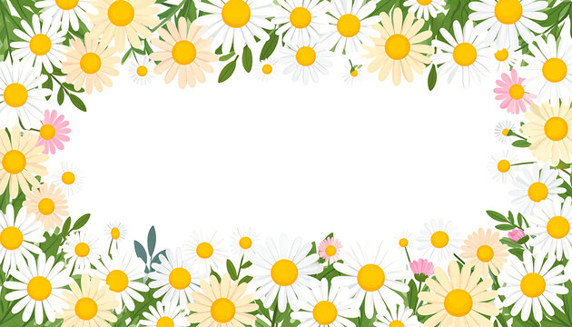 Spring daisy border with green leaves and white yellow pink petals, natural floral pattern, fresh botanical element, summer meadow background